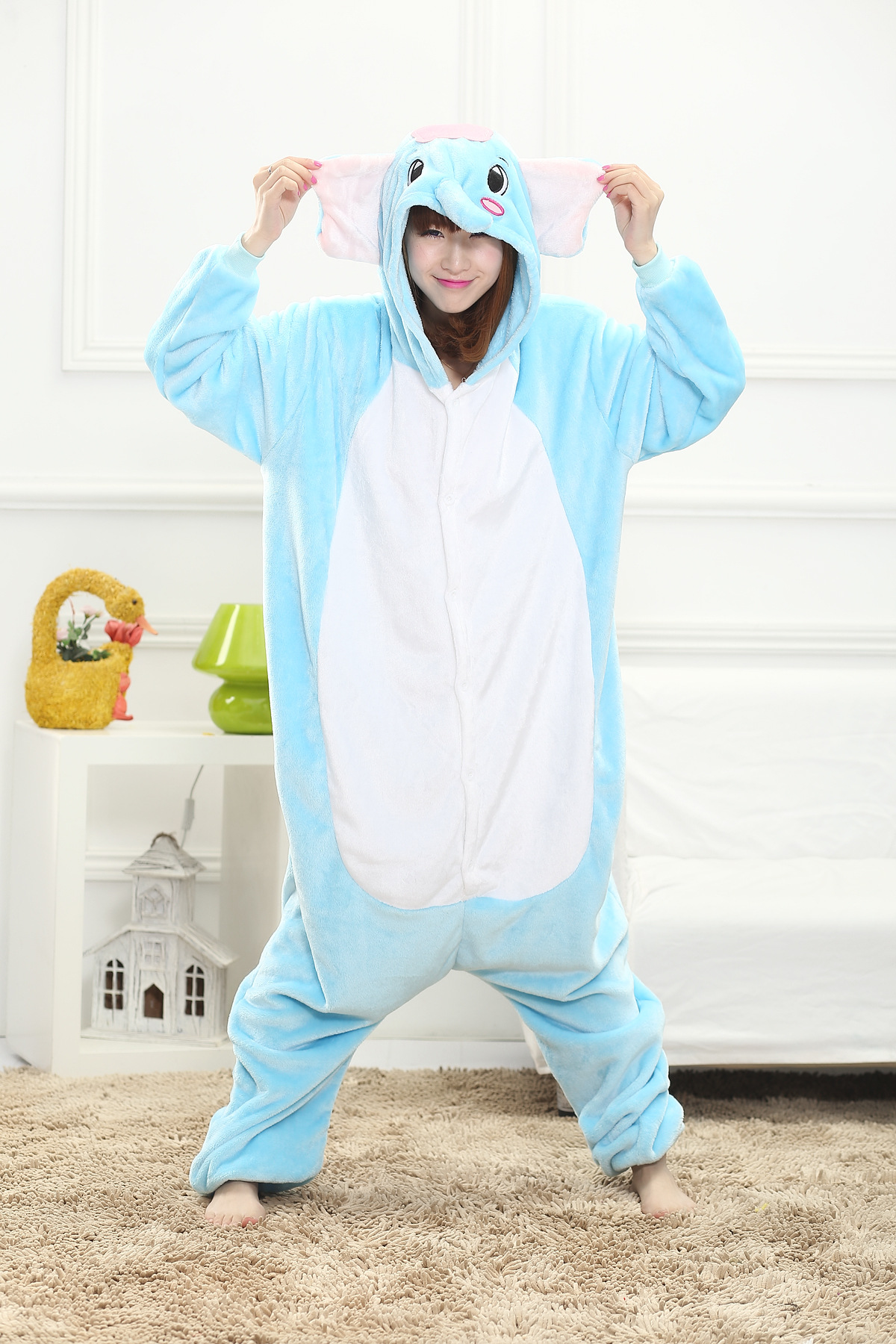 法兰绒动物大象卡通连体睡衣情侣家居服秋冬