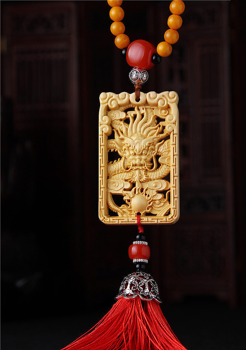 龙的传人 精品汽车挂件 黄杨木双面立体雕刻飞龙吐珠 汽车内饰