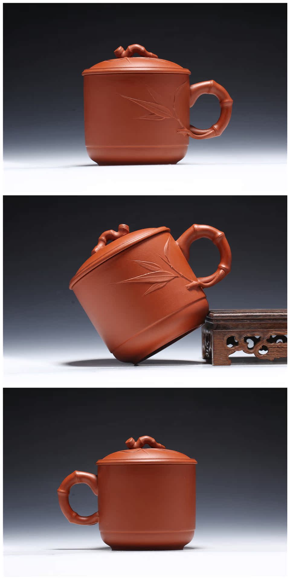 厂家直销300ml朱泥竹节盖杯紫砂杯全手