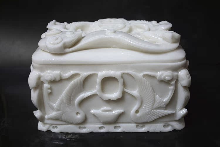 ***汉白玉整石骨灰盒寿盒双鹤祝寿纯手工雕刻随葬品殡葬批发