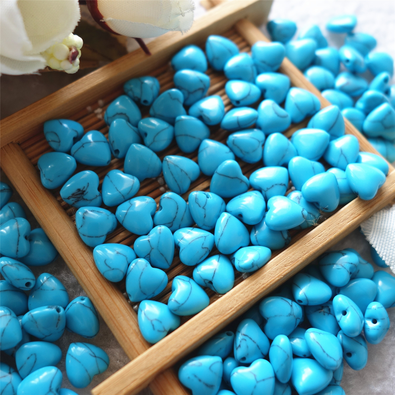 人造合成线纹松 绿松石桃心双卜散装diy手链配件8mm