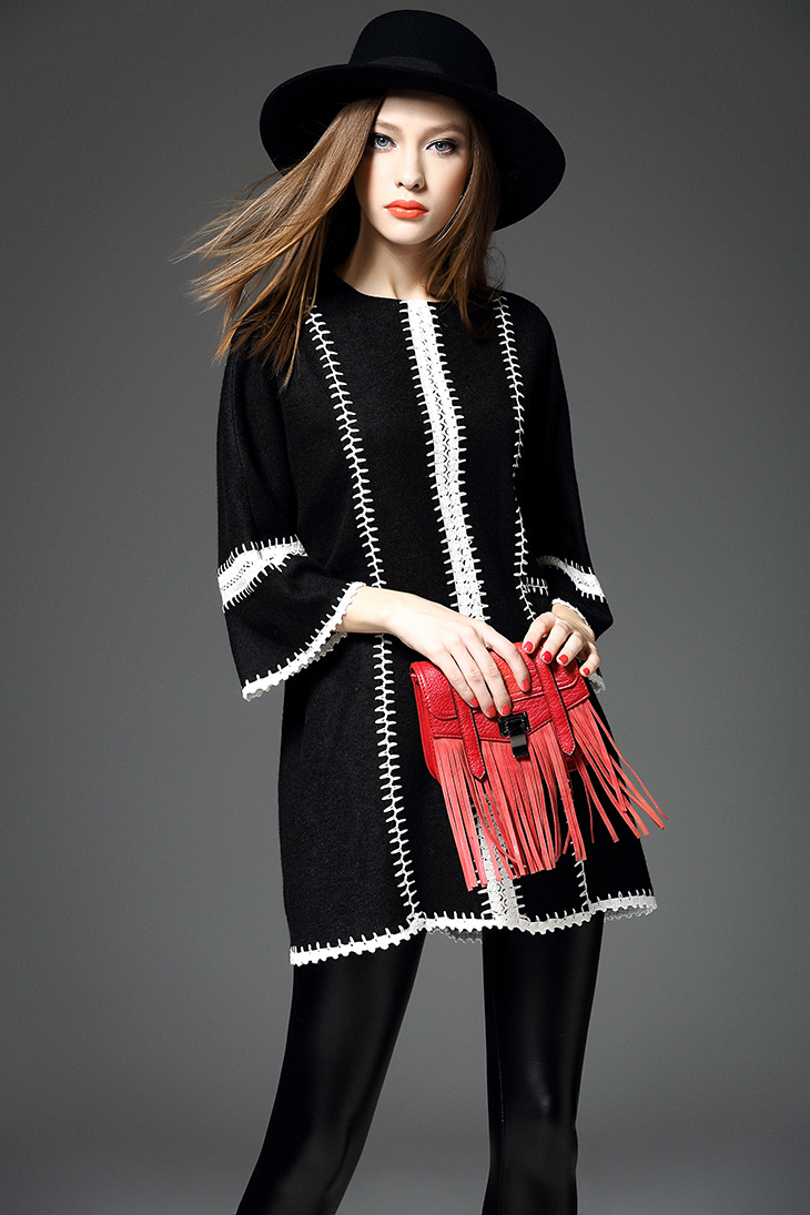 欧洲站大码女装高端潮货重工钩花拼接羊毛呢七分袖连衣裙 19103