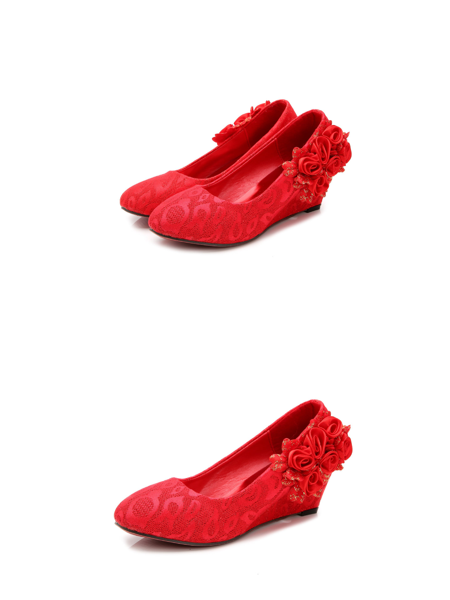 婚鞋红色中式蕾丝绣花圆头磨砂金粉坡跟新娘