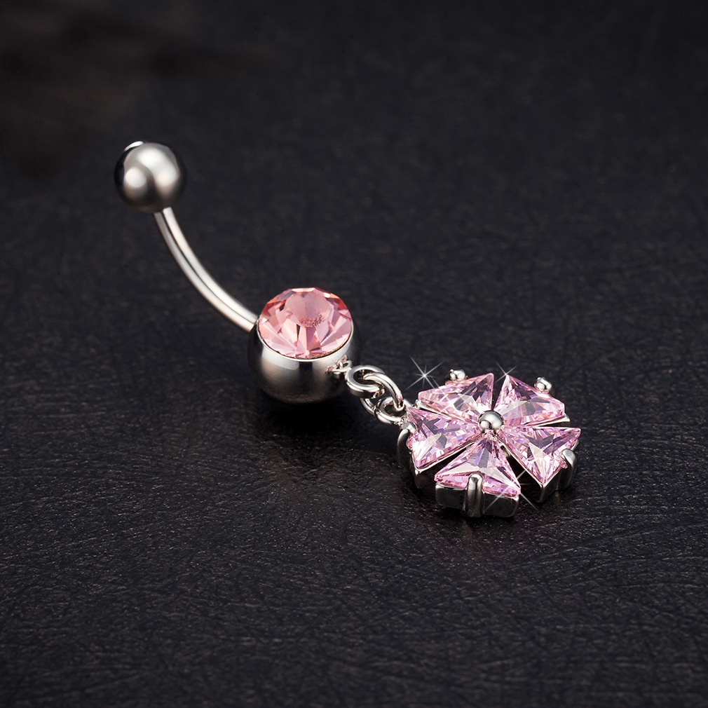 速卖通热卖爆款 五叶草肚脐钉镶锆石三色可选 时尚人体穿刺肚脐环