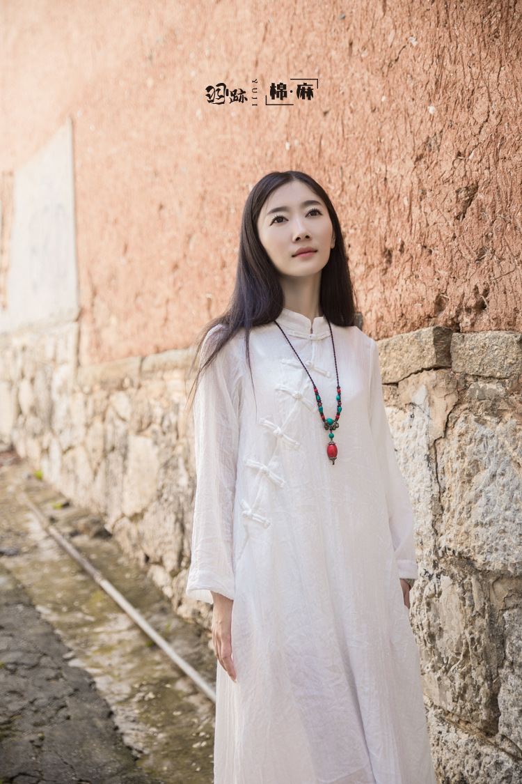 2019民族风女装 棉麻文艺素雅长袍子中国风斜襟盘扣长袖禅茶连衣