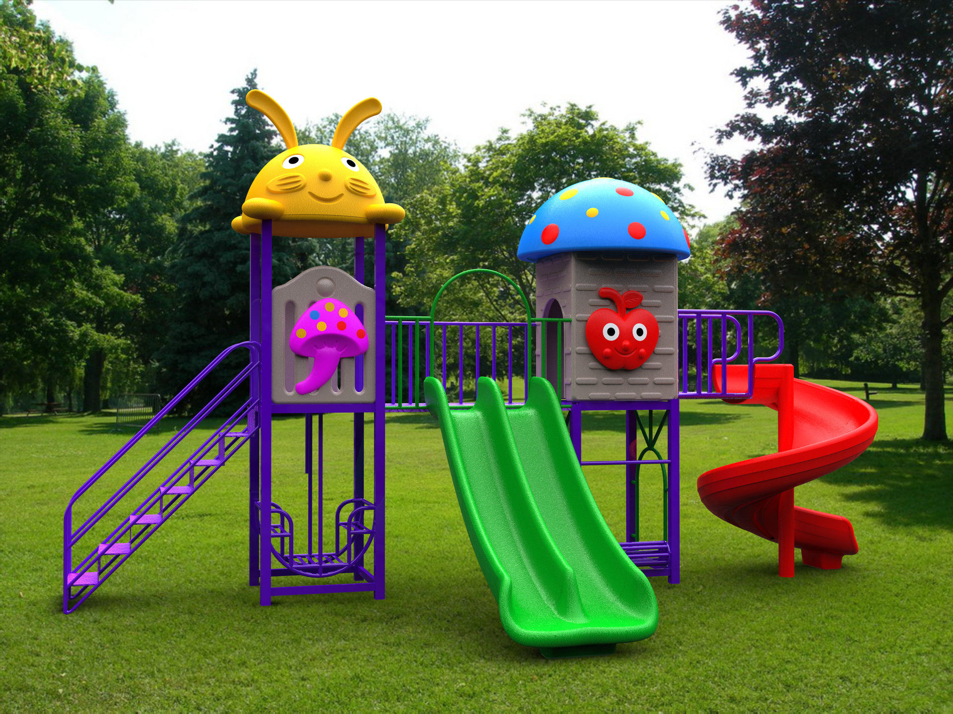 生产销售 蘑菇小兔双滑组合31型户外儿童游乐滑梯 公园组合滑梯