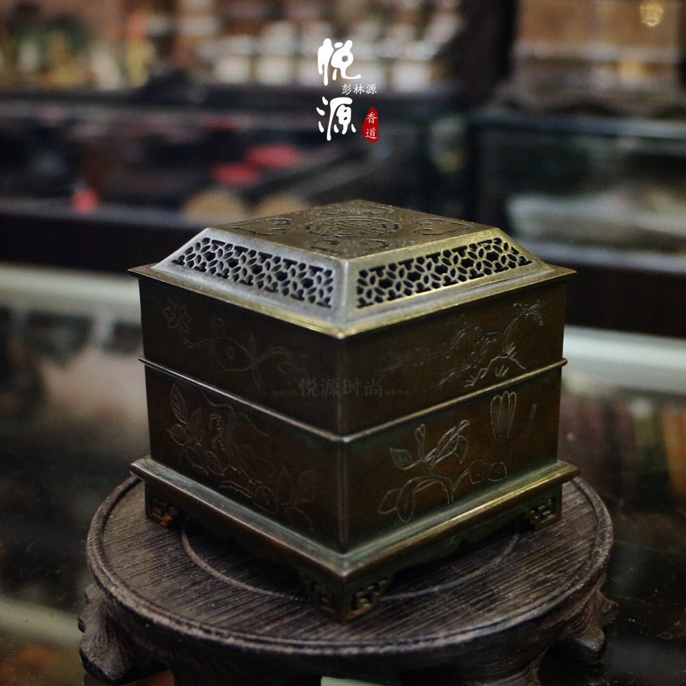 方形两层紫铜香篆炉 (1)