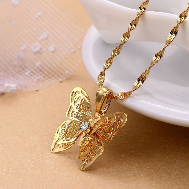 金箔蝴蝶吊坠 欧币蝴蝶 24k金箔网花吊坠 女款毛衣链 黄金蝴蝶