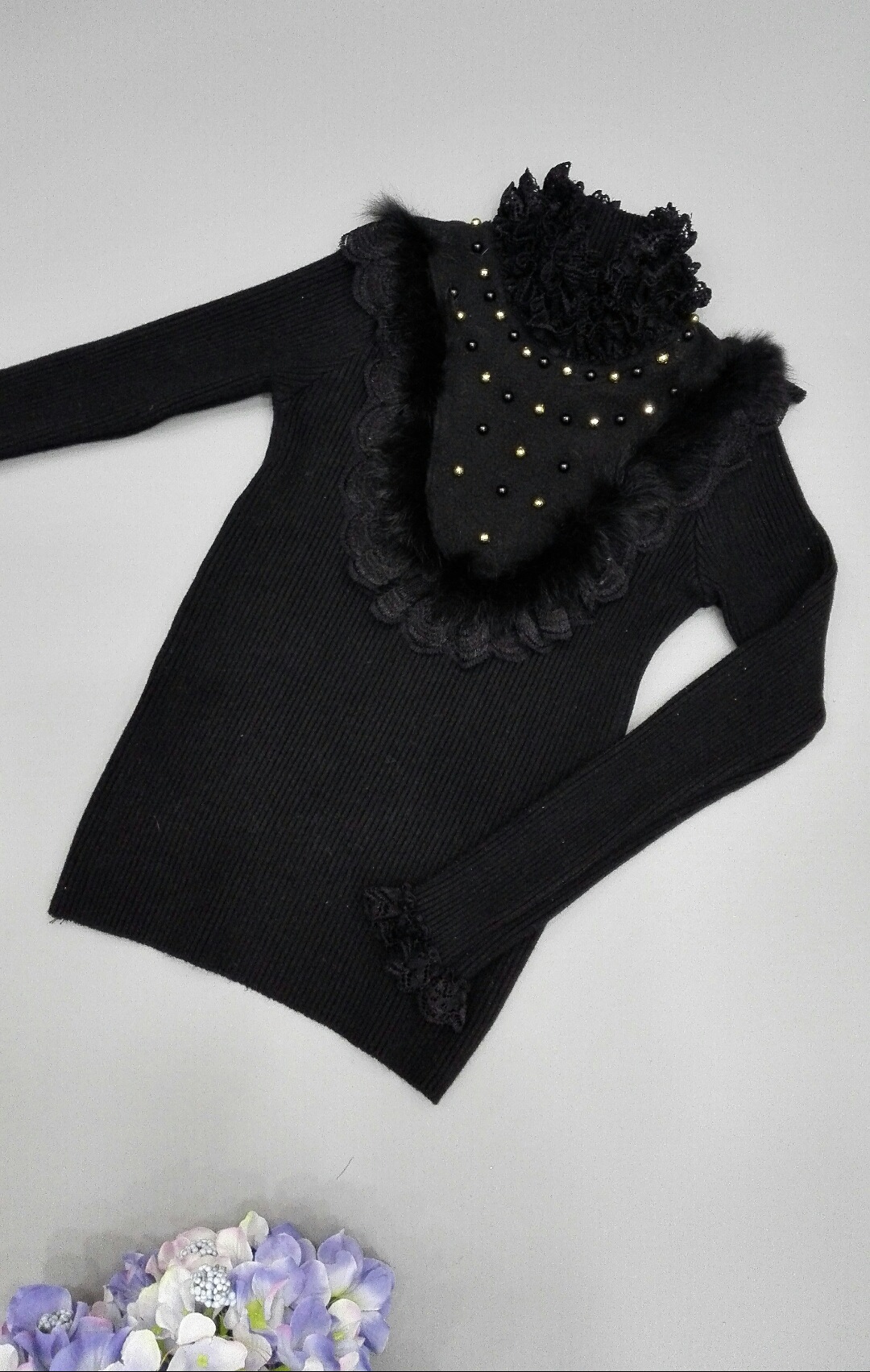 v字免毛钉珠线衣