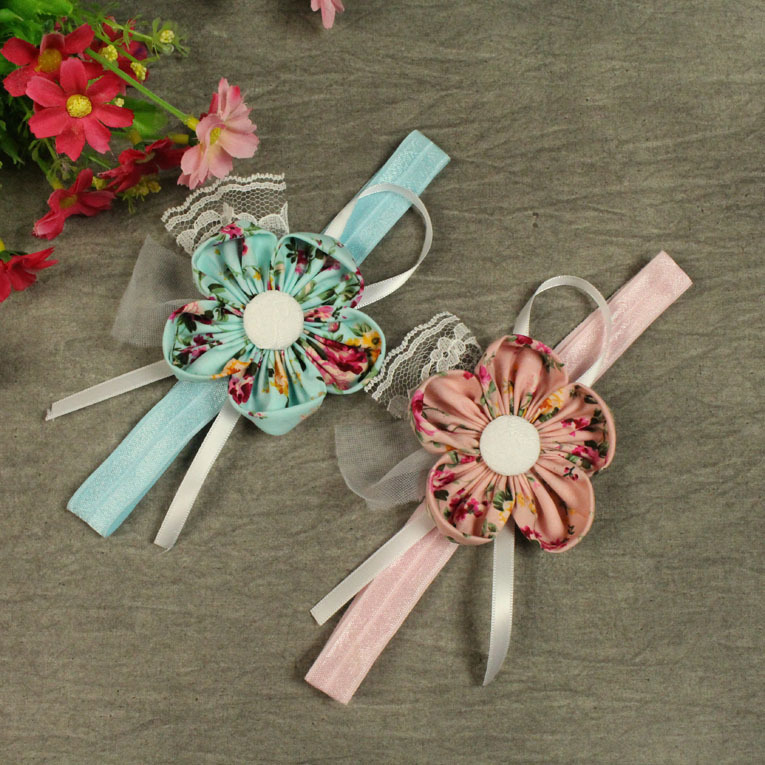 欧美外贸儿童手工花发带 纯棉花布花朵头饰 月季花细发带