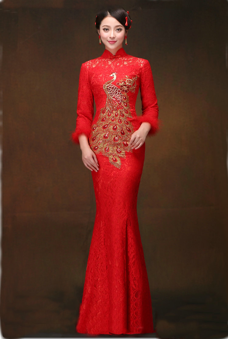 结婚旗袍秋新娘敬酒服秀禾服2015新款复古中式婚礼礼服龙凤褂冬装