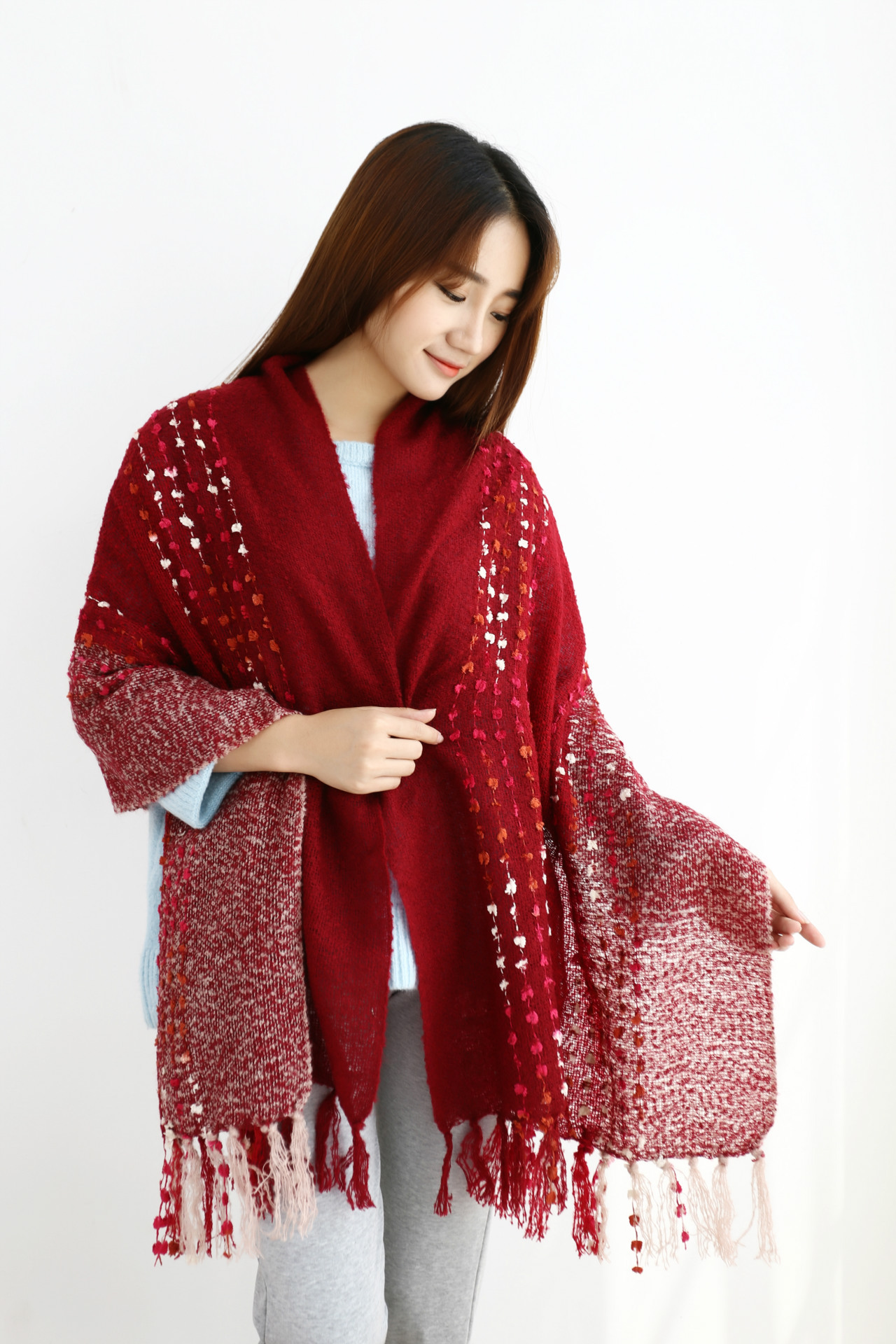 围巾女秋冬新款针织小碎花女士流苏围巾加长加厚圈圈纱围巾披肩