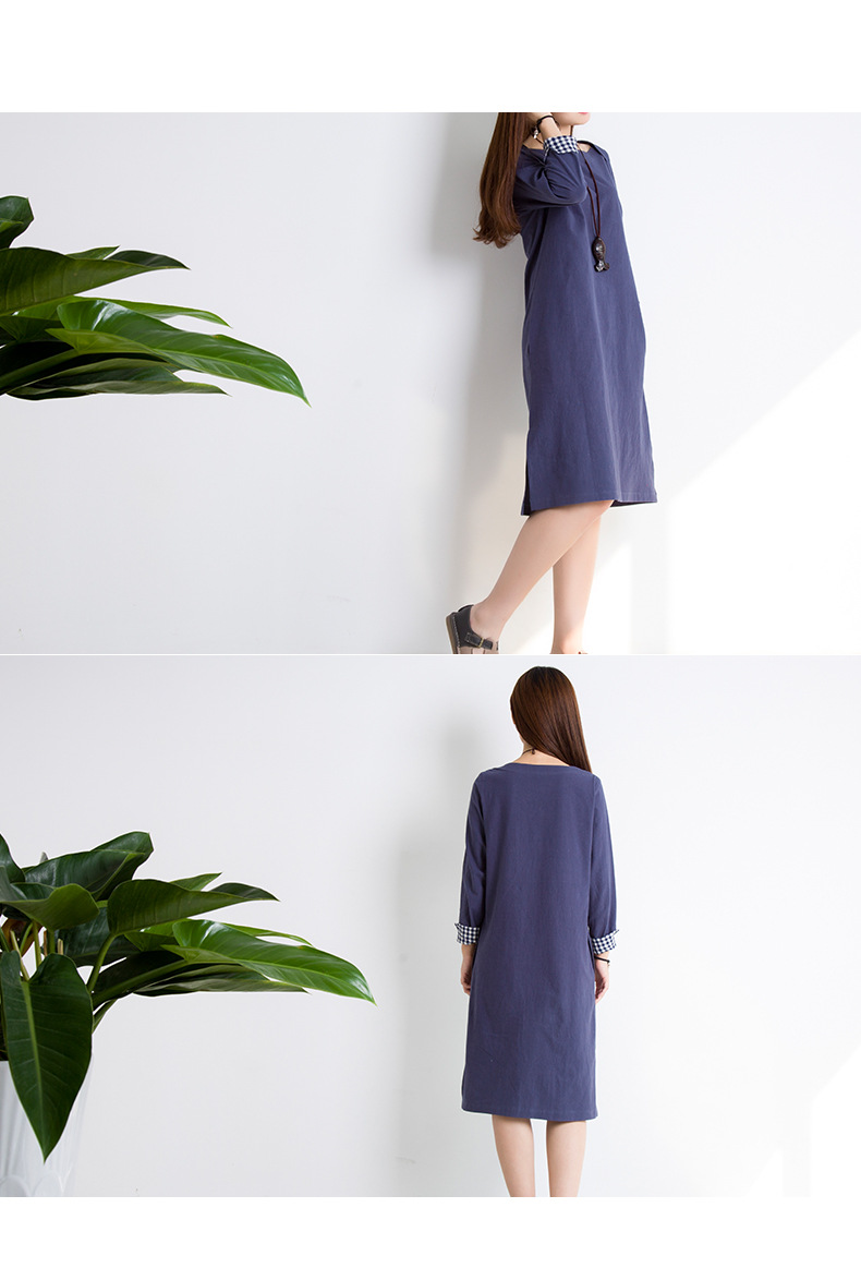 文艺风交叉一字领水洗棉麻小a开叉底边长款连衣裙3295