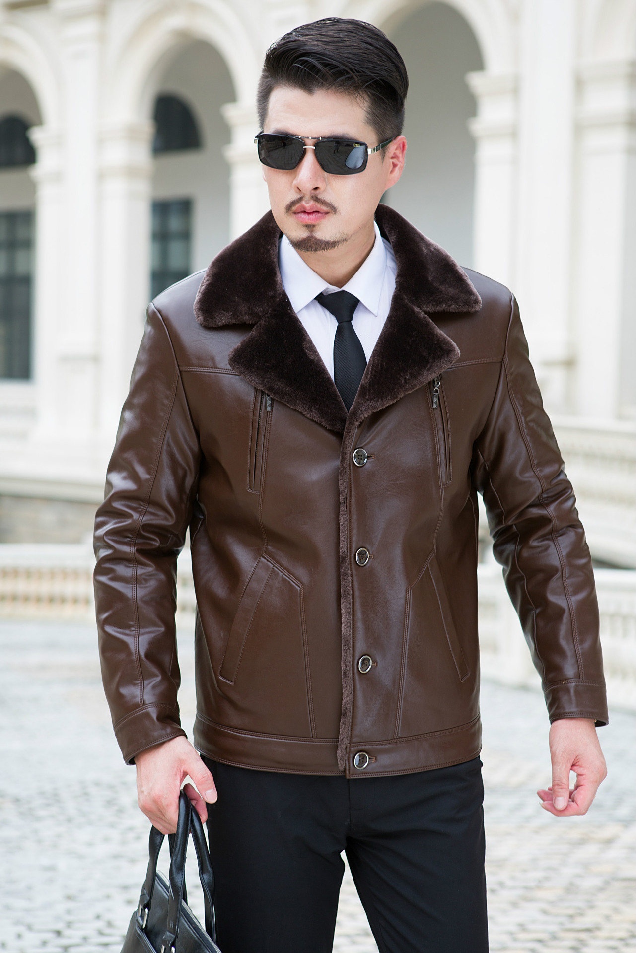 冬季新款皮衣男真皮中长款翻领休闲爸爸装皮衣真皮高档正品