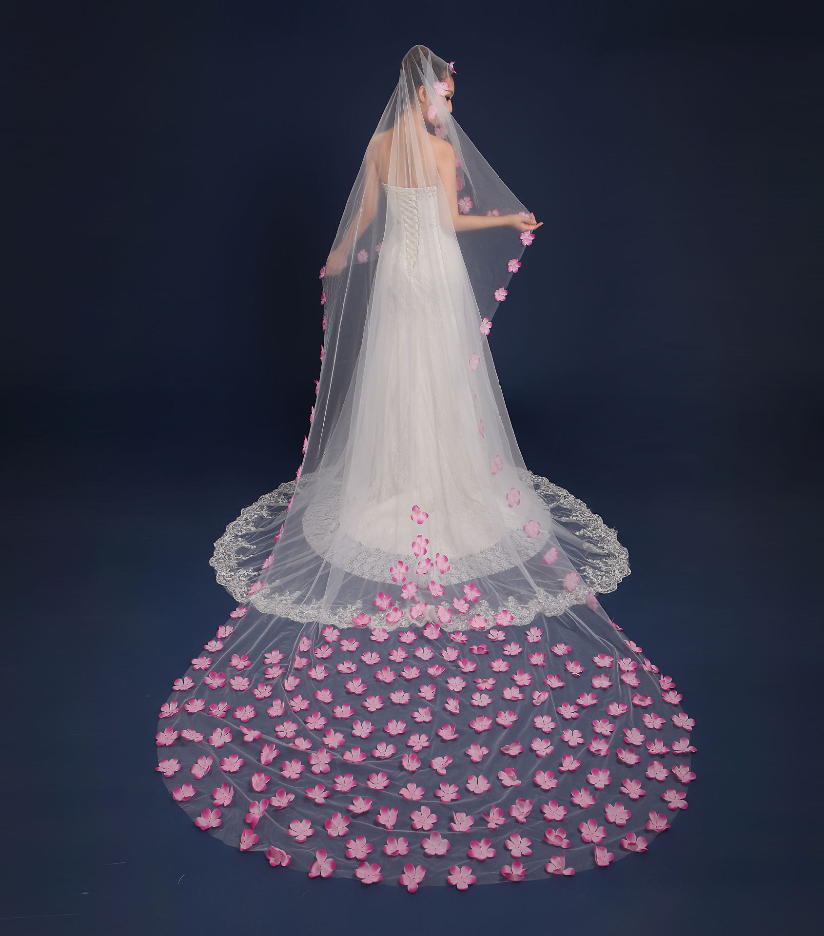 2016新款粉色花瓣超仙浪漫花瓣头纱超长拖尾头纱3米超长头纱批发