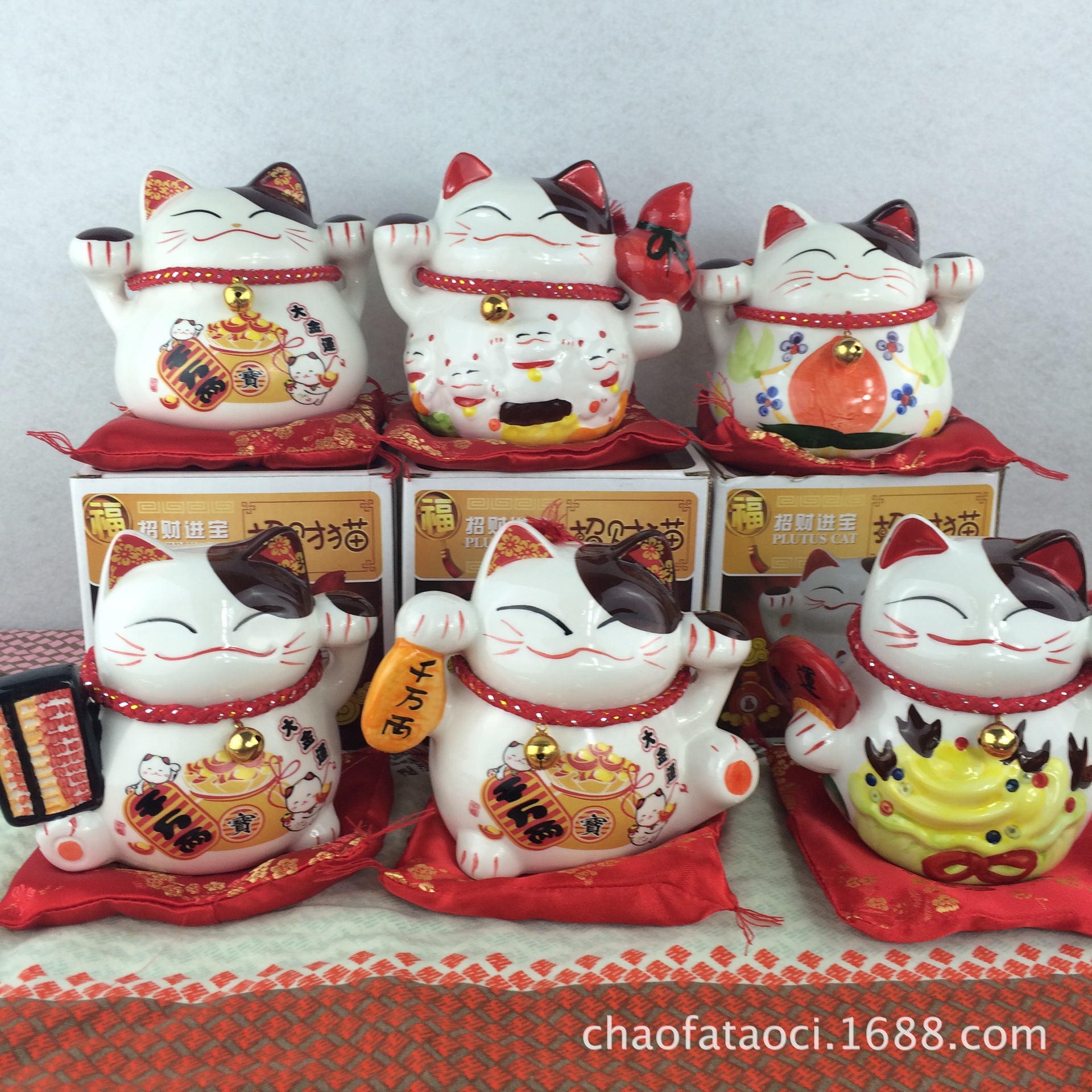 创意新款手绘陶瓷五福招财猫储蓄罐工艺品7款混装出货猫礼品