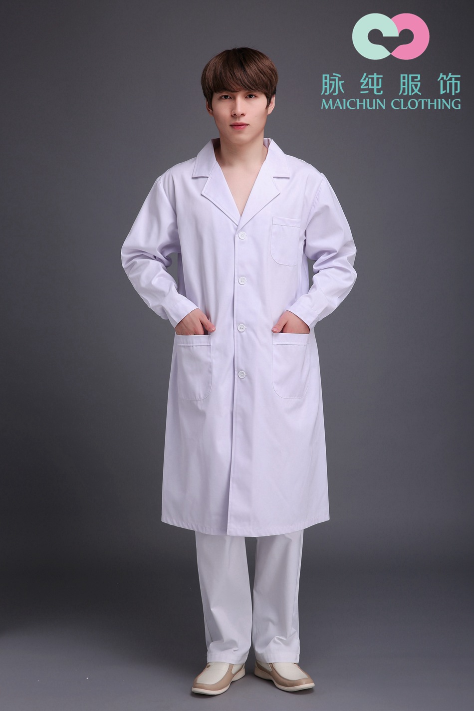 供应批发医院常规白大褂西装领单排扣男医生服dc8201a