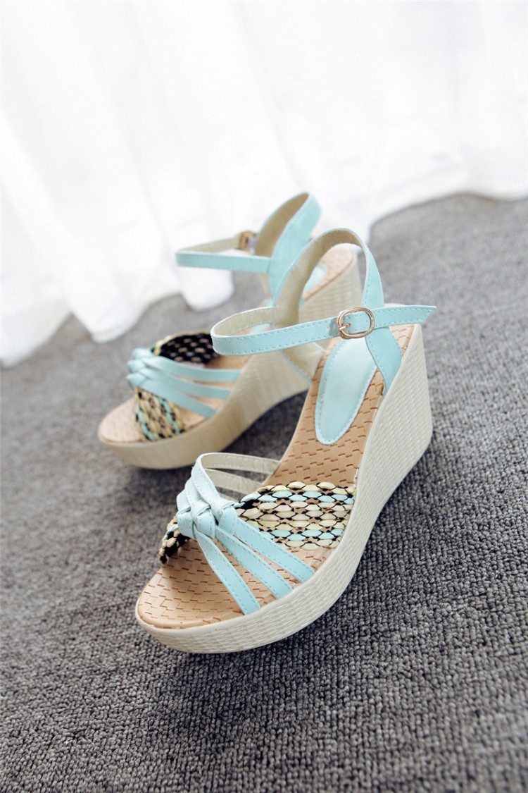 新款女式坡跟高跟凉鞋松糕厚底防水台草编撞色凉鞋女 【颜色种类】
