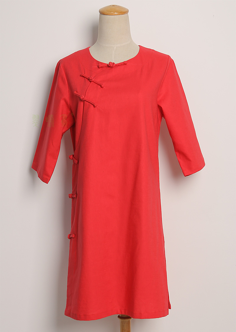 女圆领盘扣时尚大码长款改良复古棉麻修身民族风旗袍中式上衣唐装