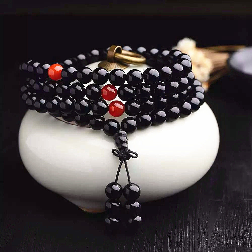 东海水晶天然黑玛瑙108颗佛珠手链搭配红玛瑙多圈手链隔珠批发