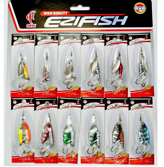 小铅鱼旋转亮片绑毛亮片12只装渔具套装 茶色钩 鱼饵威海渔具