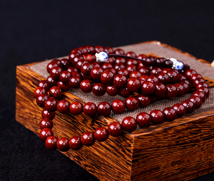 印度小叶紫檀鸡血红高油密老料配饰手链0.8*108念珠佛珠手串