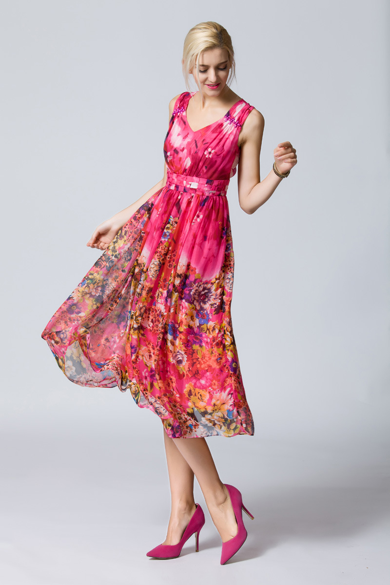 2017夏季新款欧美修身真丝连衣裙女桑蚕丝印花长裙沙滩裙一件代发