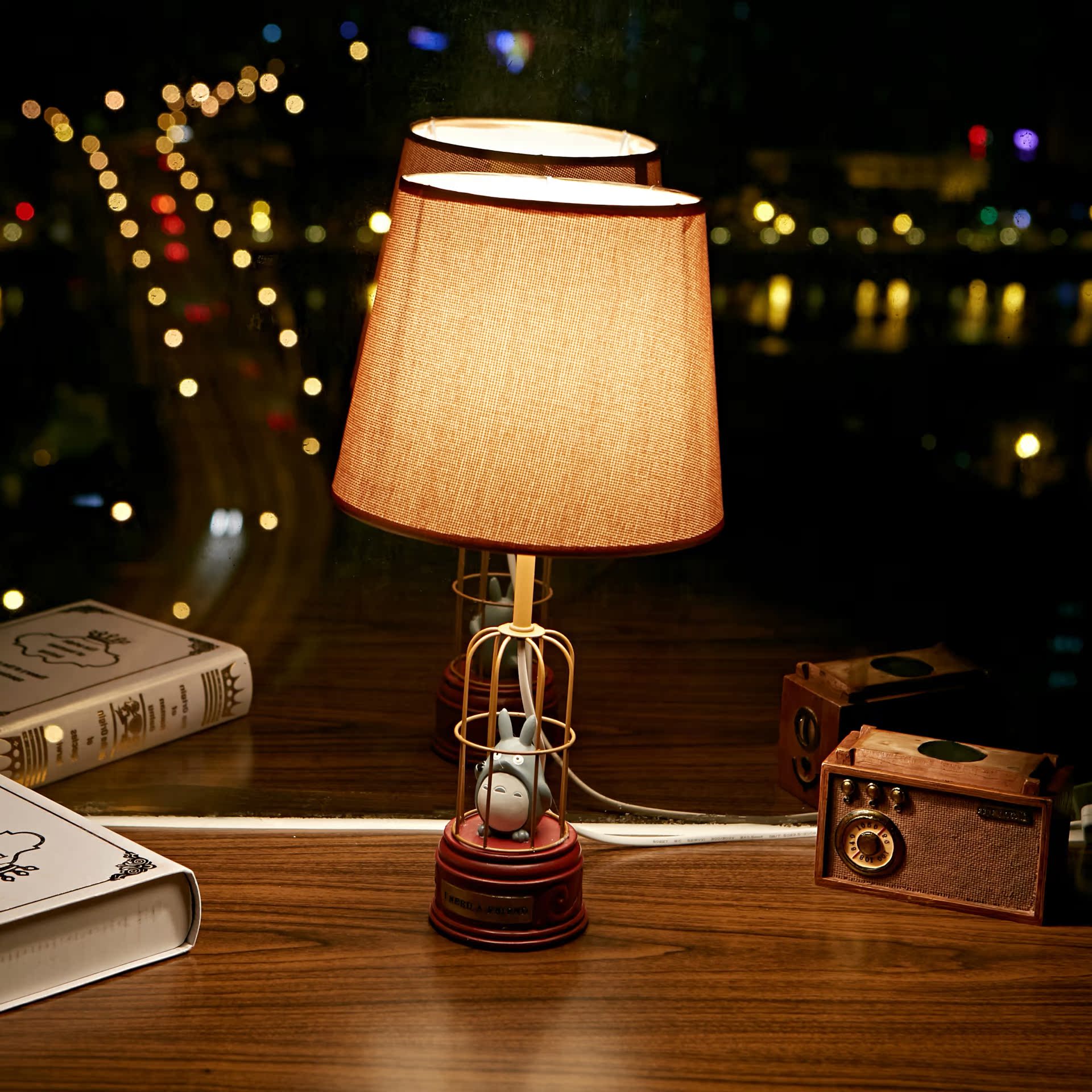 [简设家居]龙猫黑猫笼子台灯 创意卡通笼子龙猫led节能台灯 树脂护眼