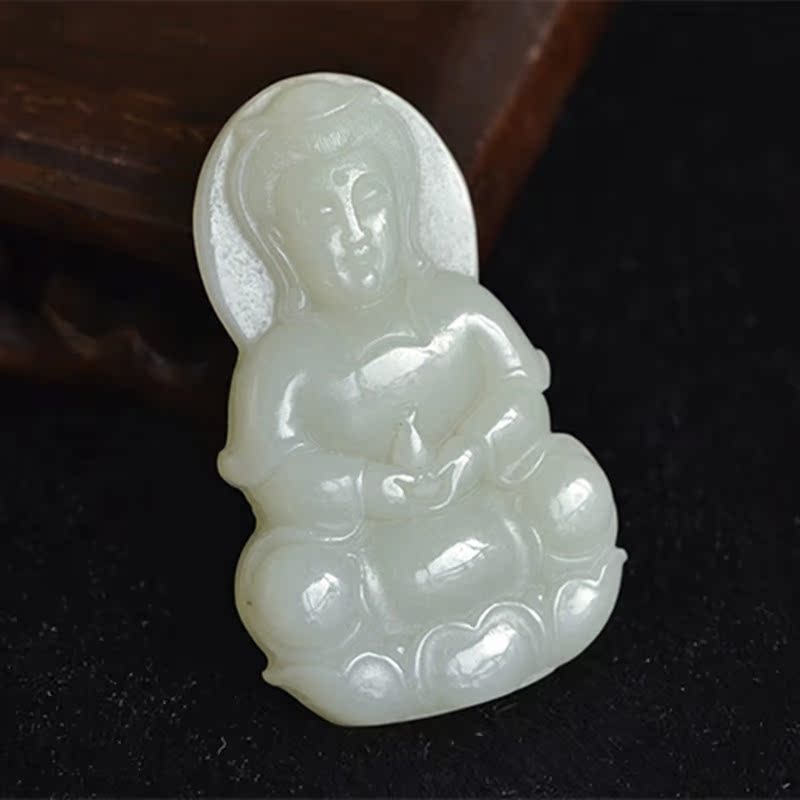天然新疆和田青海料青白玉观音吊坠玉石观世音菩萨挂件送证书
