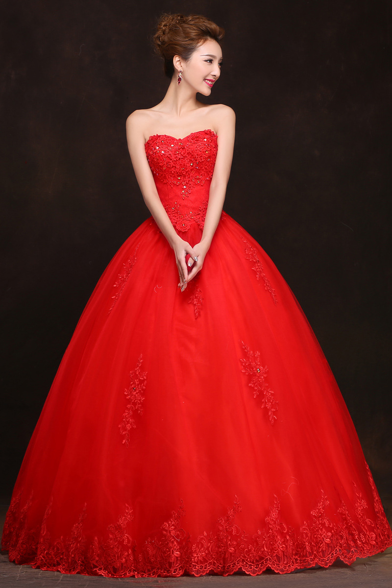 婚纱礼服2021夏季新款红色抹胸齐地蓬蓬裙礼服韩版修身显瘦大码绑