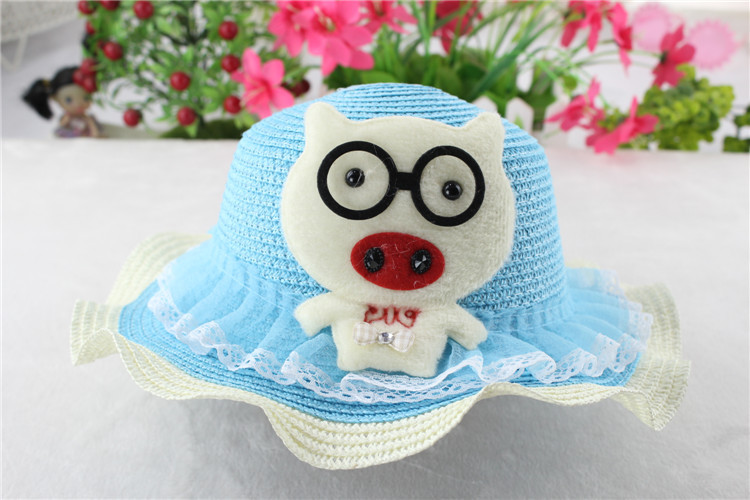 旅游草帽 儿童帽子 波浪卡通小猪女童遮阳帽