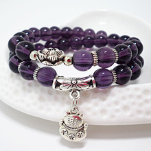 水晶手链 紫水晶黑玛瑙可爱小猫画油树叶多层手串手饰品