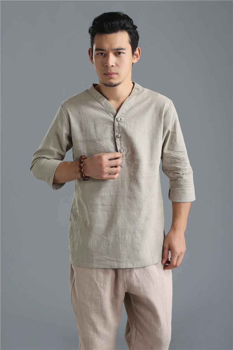 厂家直销夏季男士棉麻短袖 简约民族风v领