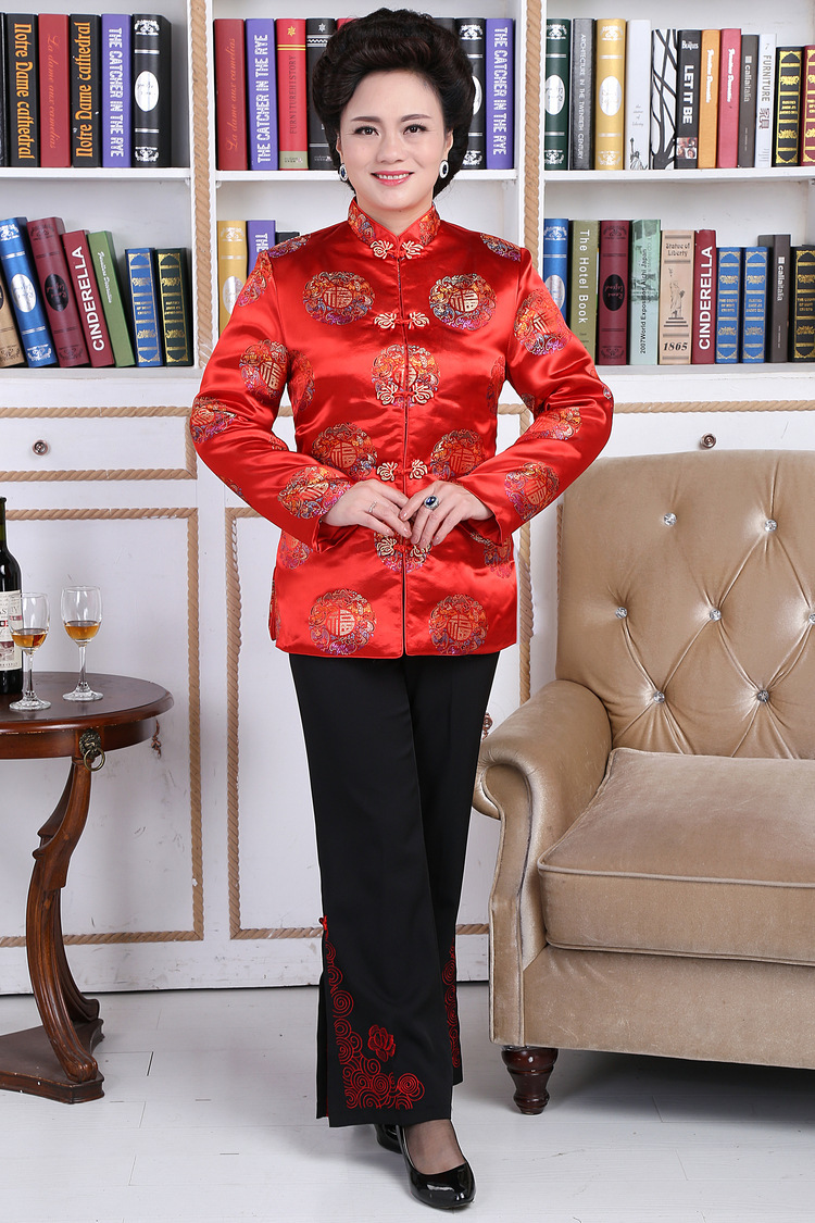 批发绸缎喜庆大红外套加棉上衣复古唐装中式女士棉袄棉服女式棉衣