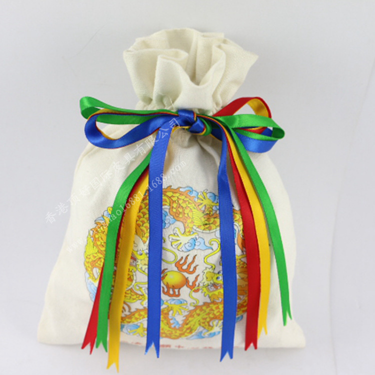 2016年新款彩印龙王宝袋 白色帆布彩带束口礼品袋