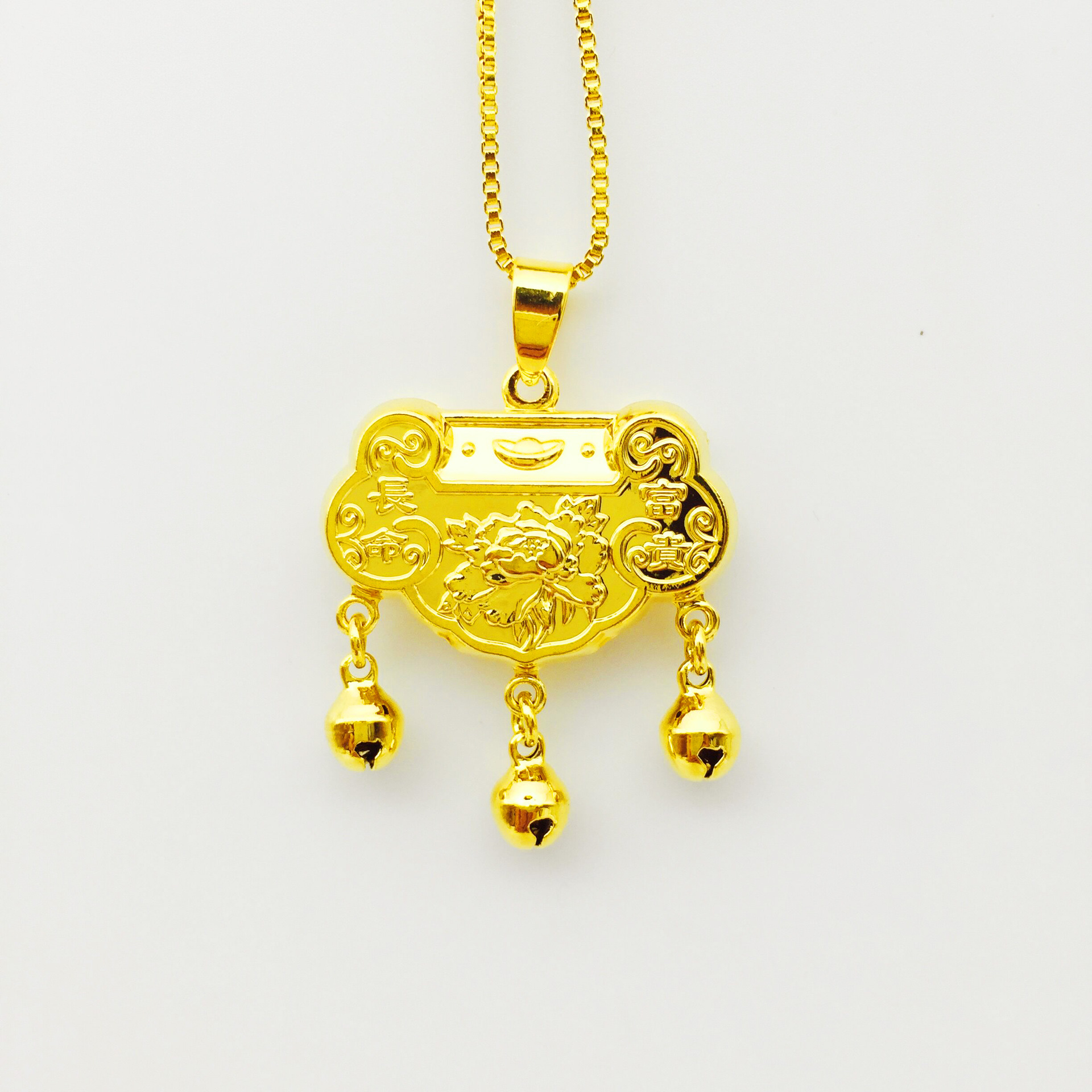 黄铜镀金长命锁 新款欧币金首饰项链女士款 黄铜镀金饰品一件代发