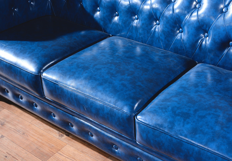 美式深蓝色皮艺沙发北欧真皮沙发拉扣客厅沙发ktv酒店复古沙发