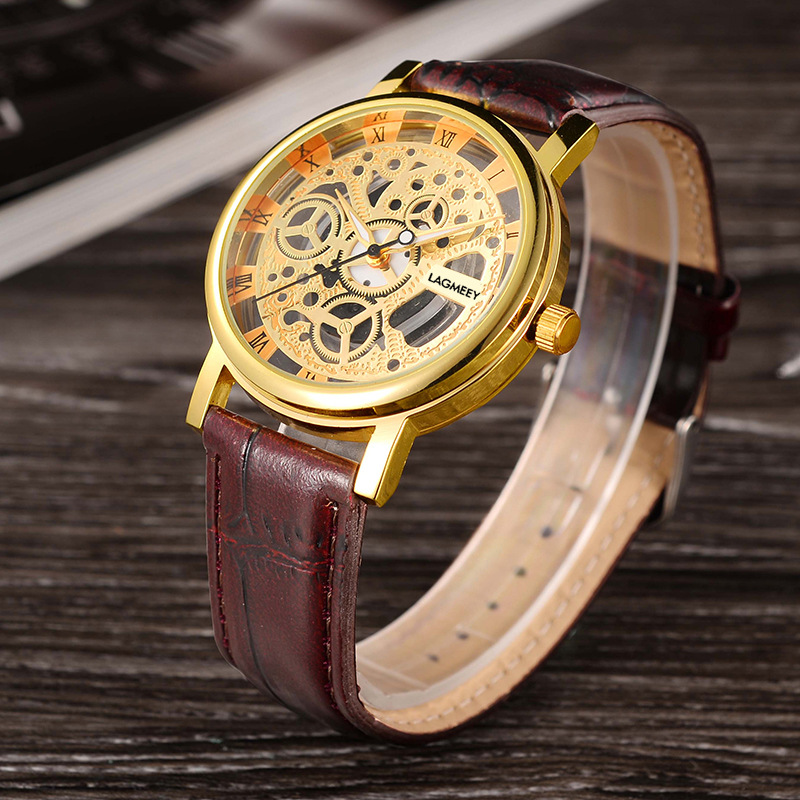 郎迈一件代发时尚皮带镂空石英表半镂空手表男款防水商务石英铂仕