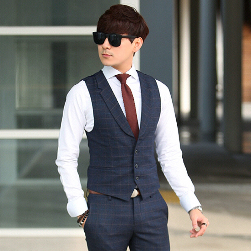 格子西服单马甲广州工厂订做 男式西装马甲 v字领单排扣休闲马夹