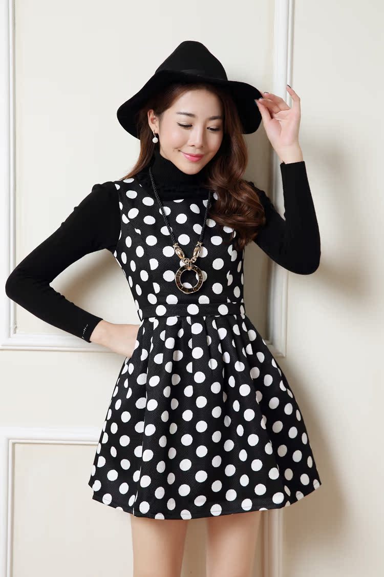 2015秋装新款黑白圆点甜美实拍波点连衣裙批发