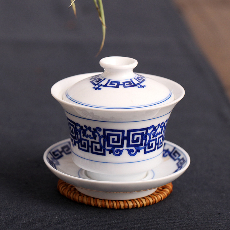 恩窑釉下青花手绘功夫茶具 盖碗八件套 景