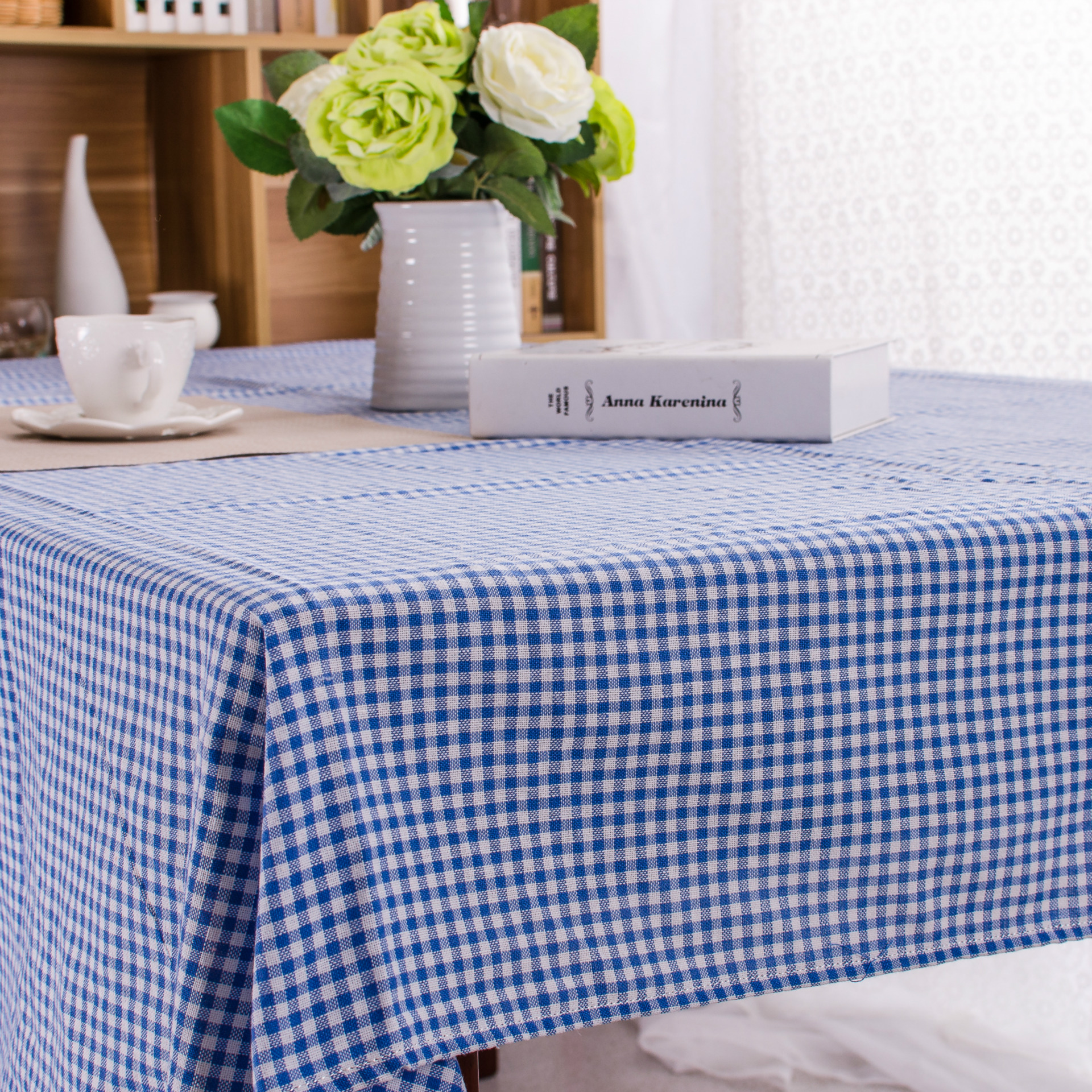 蓝色全棉细格子方形餐桌布 韩式百搭万能台_台布,桌布,桌椅套件_列表