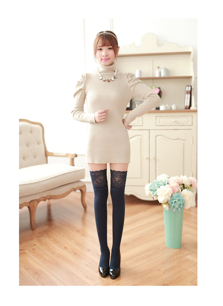 日系蕾丝花边过膝袜批发 竖条高筒纯棉打底袜防滑过大腿长筒袜女