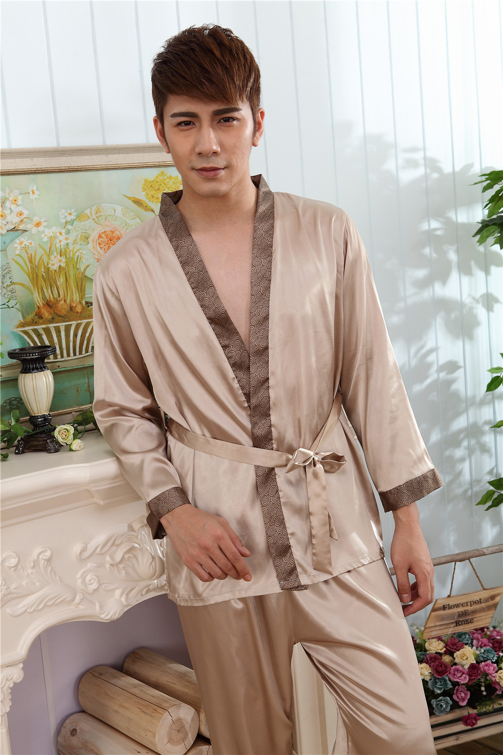 春夏款仿真丝男士睡袍男春秋季长袖薄丝绸睡袍套装男士