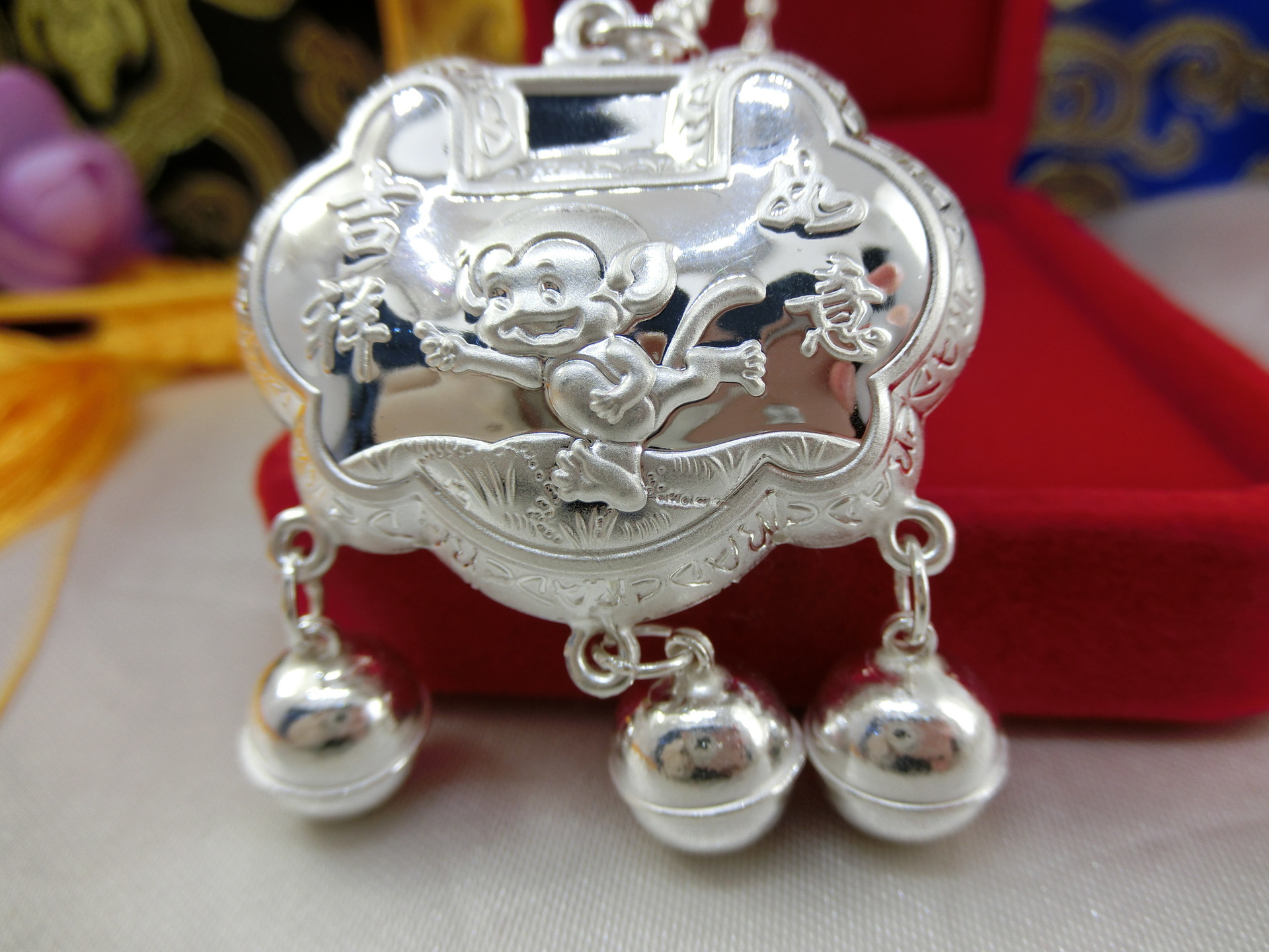 首饰  珠宝 佳惠佳银饰 s990纯银吉祥如意活泼猴铃铛锁包正品 婴儿