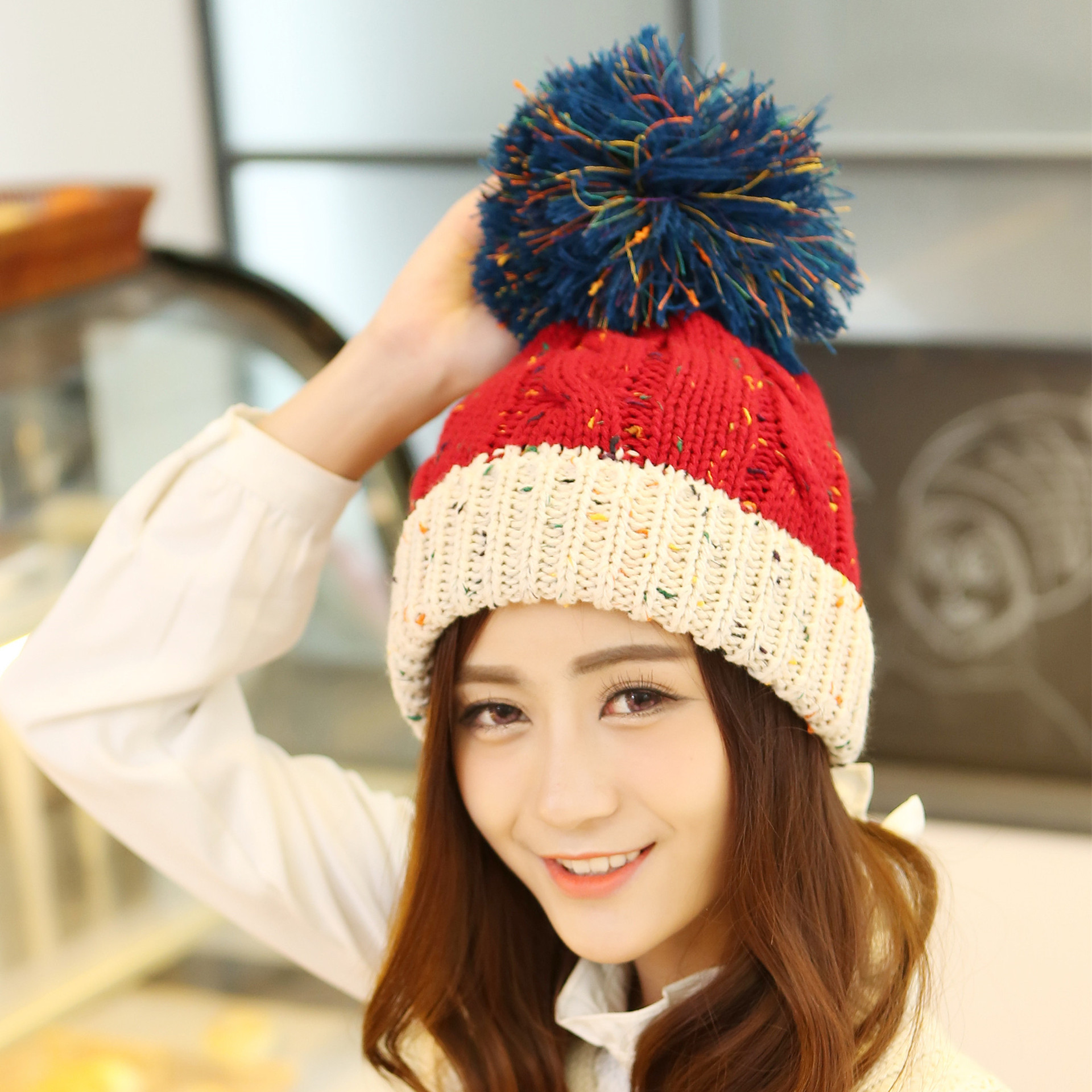 三色彩色毛线帽子保暖帽子 韩版大毛球毛线帽 女士针织帽
