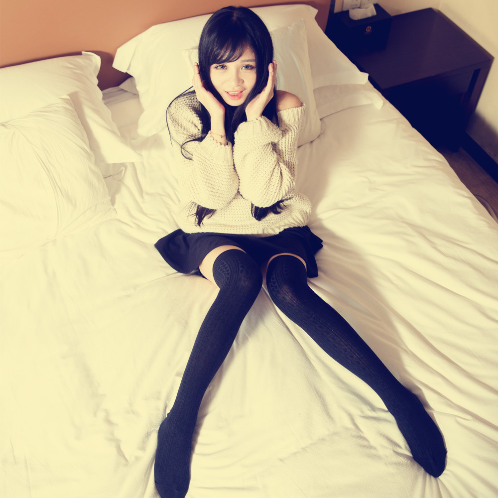 女士棉麻花过膝袜新款秋冬长筒袜日系高筒袜子棉堆堆袜大腿袜