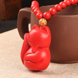 天然朱砂项链 精雕朱砂狐狸饰品 女款招桃花旺姻缘毛衣链 防小三