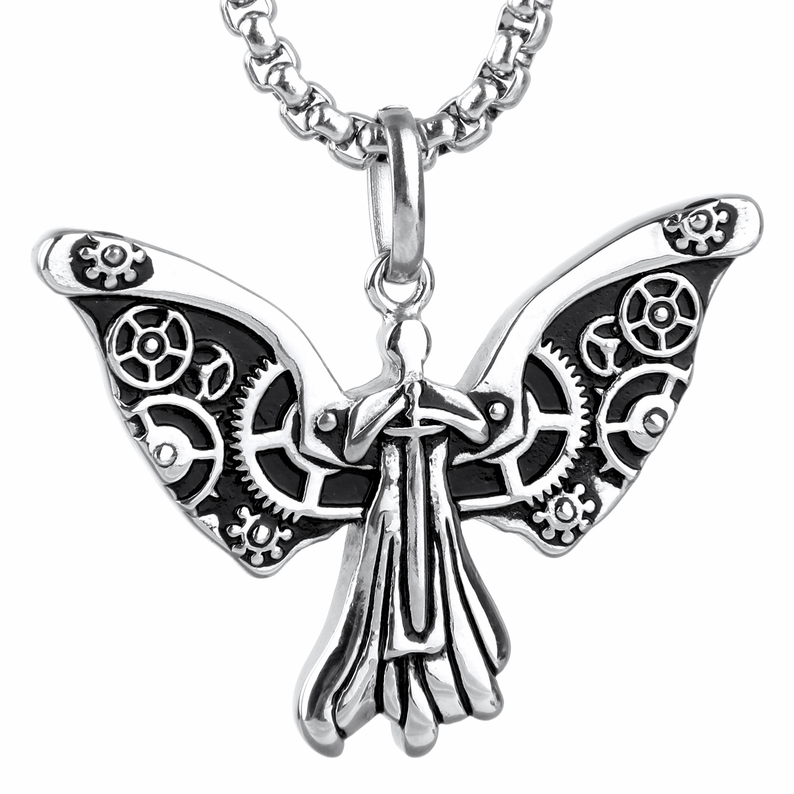 速卖通新款欧美不锈钢项链 男士 演唱会时尚钛钢齿轮天使翅膀吊坠