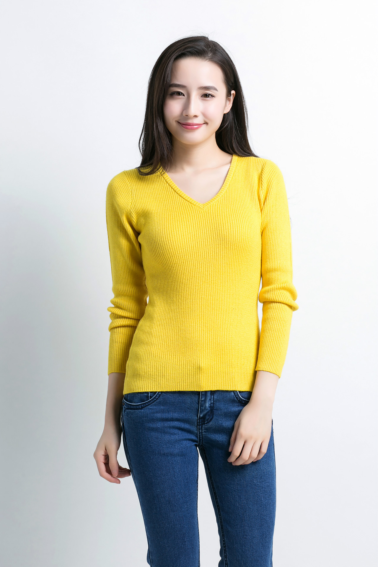 秋冬女士v领羊毛衫修身低领打底衫紧身针织